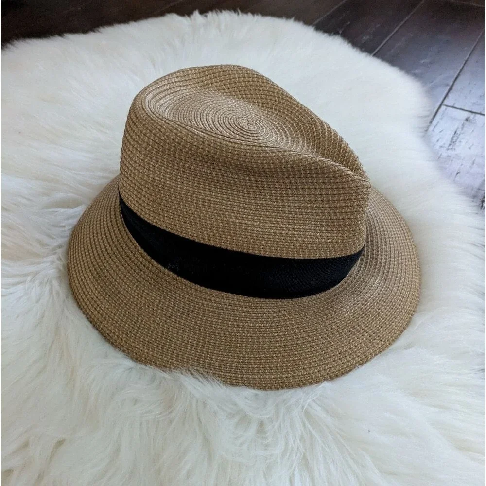 Eric Javits Classic Squishee® Straw Packable Fedora Natural Black Band Sun Hat - Picture 1 of 7